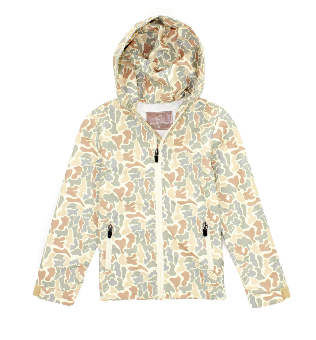 A hooded jacket with a beige, brown, and gray camouflage pattern, featuring a front zipper and zippered hand pockets, shown against a plain white background.