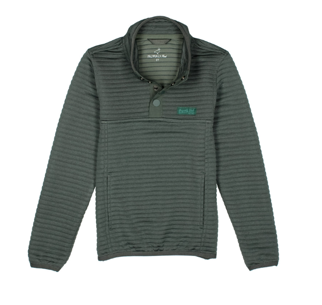 A dark green ribbed quarter-zip pullover jacket by North Face, featuring a stand-up collar, a snap-button placket, and a small green brand patch on the left chest.