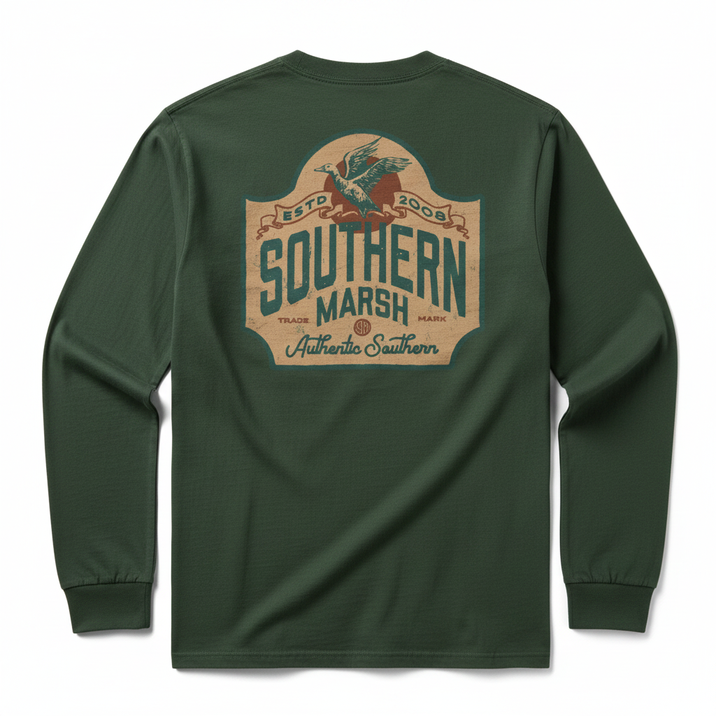 A green long-sleeve crewneck sweatshirt shown from the back, featuring a large vintage-style graphic print on the upper back with the words 'Southern Marsh' and an eagle illustration.