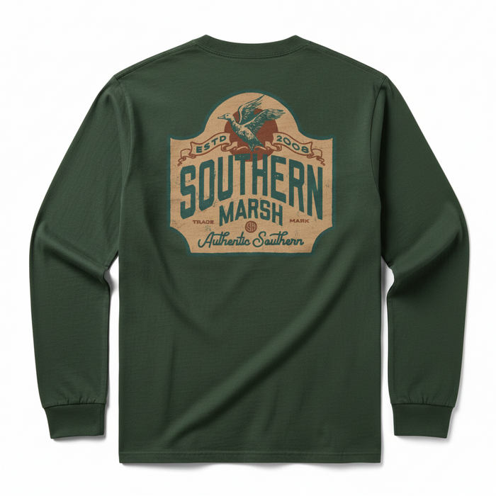 A green long-sleeve crewneck sweatshirt shown from the back, featuring a large vintage-style graphic print on the upper back with the words 'Southern Marsh' and an eagle illustration.