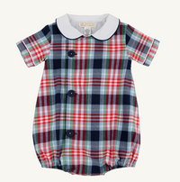 A baby short-sleeve romper with a red, navy, green, and white plaid pattern, featuring a white Peter Pan collar and three dark buttons down the front.