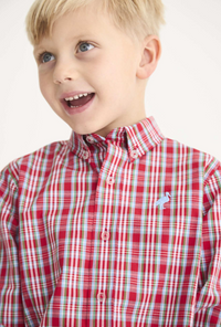 A young boy with blond hair and blue eyes wearing a red, white, and light blue plaid button-down shirt with a small light blue embroidered rabbit logo on the chest, set against a plain white background.