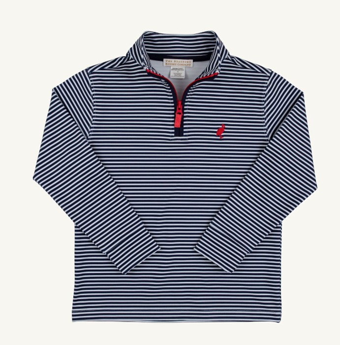 A long-sleeve quarter-zip pullover shirt with navy and white horizontal stripes, featuring a red zipper pull and a small red embroidered logo on the left chest, displayed flat against a light off-white background.