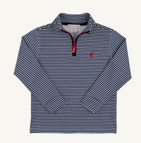 A long-sleeve quarter-zip pullover shirt with navy and white horizontal stripes, featuring a red zipper pull and a small red embroidered logo on the left chest, displayed flat against a light off-white background.