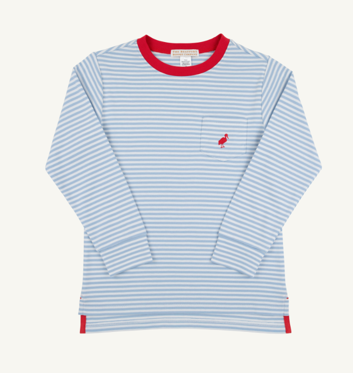 A long-sleeve striped shirt in light blue and white with a red collar, red hem, and a red bird logo on the chest pocket.