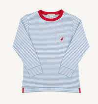 A long-sleeve striped shirt in light blue and white with a red collar, red hem, and a red bird logo on the chest pocket.