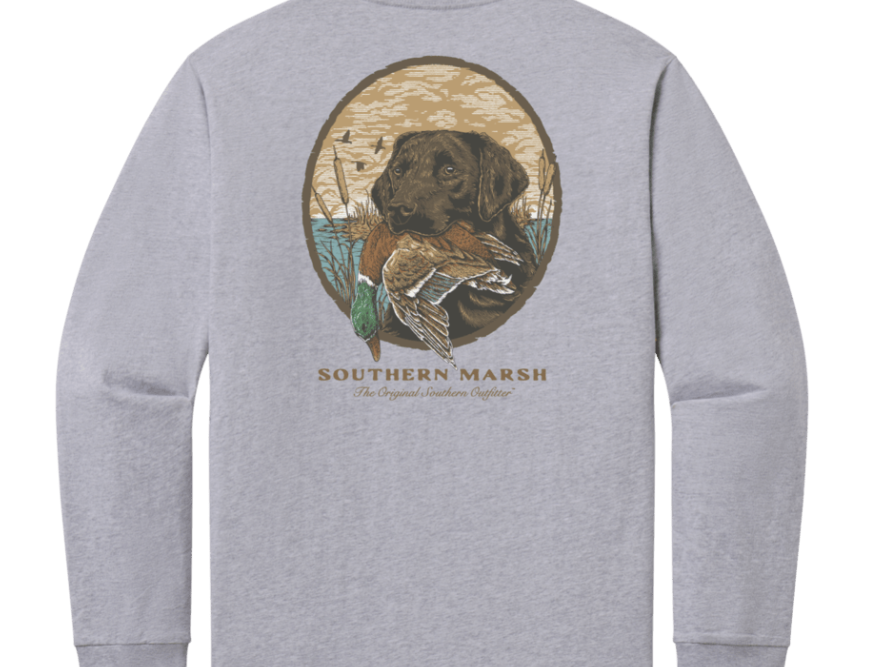 A light heather gray sweatshirt shown from the back, featuring a large circular graphic of a brown retriever holding a duck, with the text 'SOUTHERN MARSH' and smaller script text below.