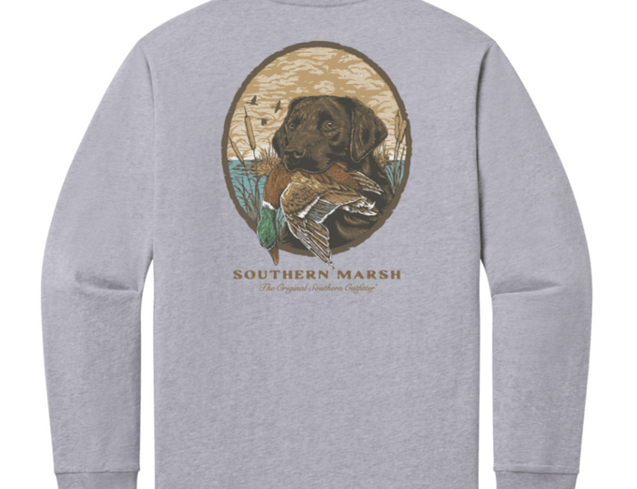 A light heather gray sweatshirt shown from the back, featuring a large circular graphic of a brown retriever holding a duck, with the text 'SOUTHERN MARSH' and smaller script text below.