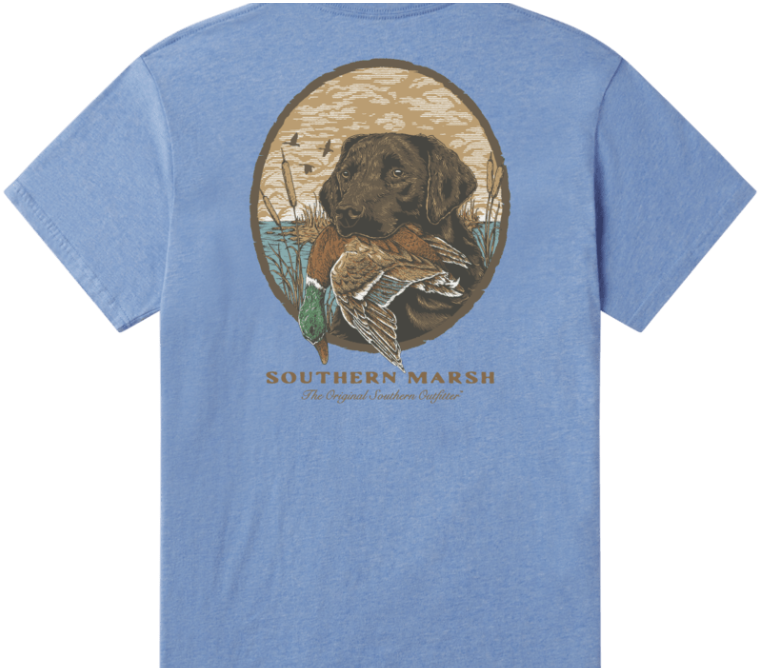 A heathered blue short-sleeve t-shirt showing the back graphic, which features a circular illustration of a brown dog holding a mallard duck, with 'SOUTHERN MARSH' printed below in brown.