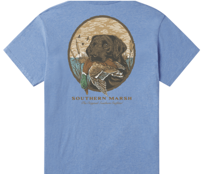 A heathered blue short-sleeve t-shirt showing the back graphic, which features a circular illustration of a brown dog holding a mallard duck, with 'SOUTHERN MARSH' printed below in brown.