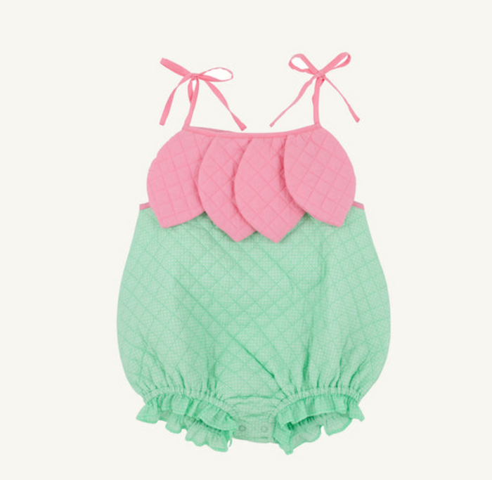 A baby romper with a pink scalloped ruffle bodice and mint green quilted bubble pants, featuring pink tie shoulder straps, shown against a plain off-white background.