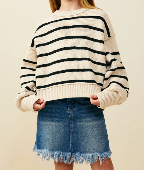 Girls Drop Shoulder Puff Sleeve Striped Sweater Top