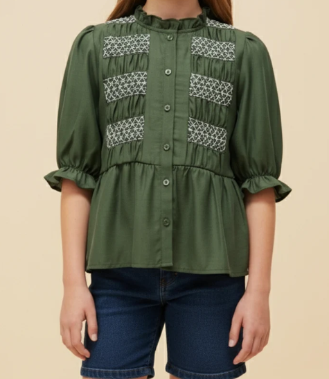 Girls Contrast Smock Detail Ruffled Neck Button Up Top