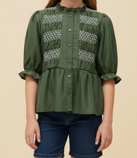 Girls Contrast Smock Detail Ruffled Neck Button Up Top