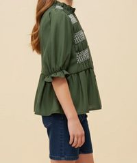 Girls Contrast Smock Detail Ruffled Neck Button Up Top