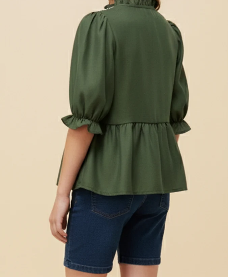 Girls Contrast Smock Detail Ruffled Neck Button Up Top