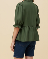 Girls Contrast Smock Detail Ruffled Neck Button Up Top