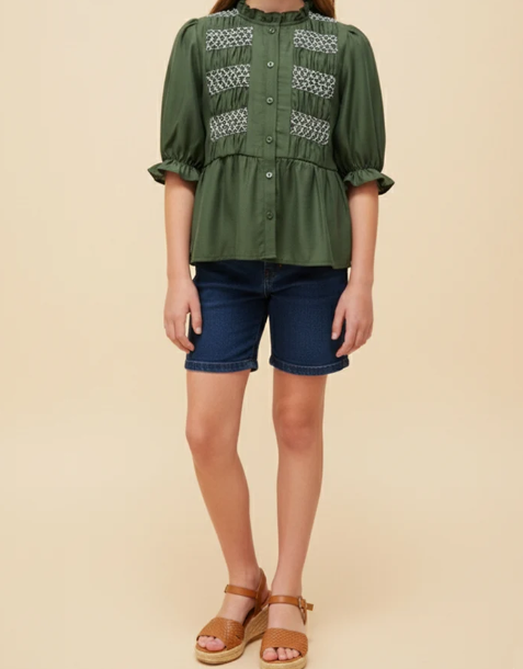 Girls Contrast Smock Detail Ruffled Neck Button Up Top
