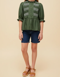 Girls Contrast Smock Detail Ruffled Neck Button Up Top