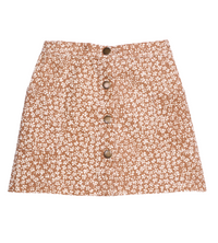 A brown A-line mini skirt with a dense white floral print and a front button closure, shown flat on a white background.