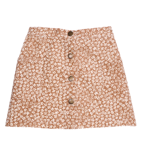 A brown A-line mini skirt with a dense white floral print and a front button closure, shown flat on a white background.