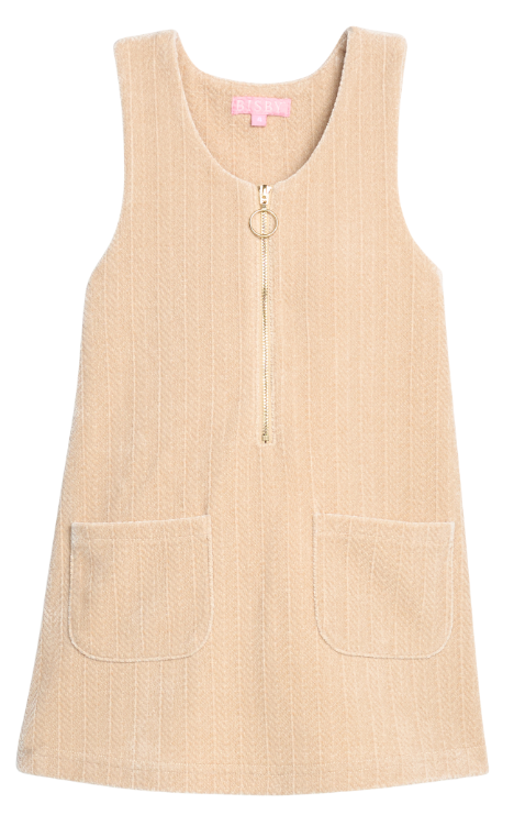 A sleeveless beige corduroy dress with a half-zip neckline and two front patch pockets, shown flat against a white background.