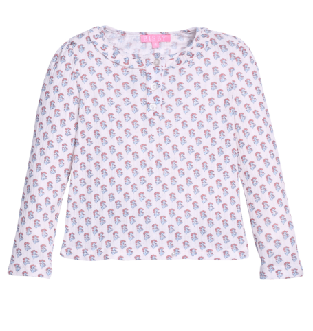 A long-sleeve button-up shirt with a delicate repeating pink and blue floral pattern on a white base, displayed flat against a white background.