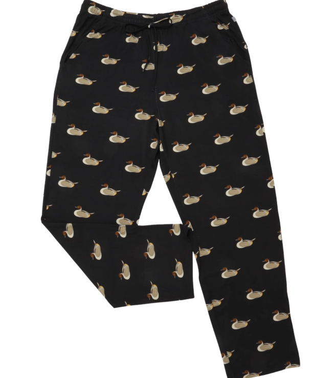 Black lounge pants with an all-over duck print, featuring a drawstring waistband and side pockets, shown against a plain white background.