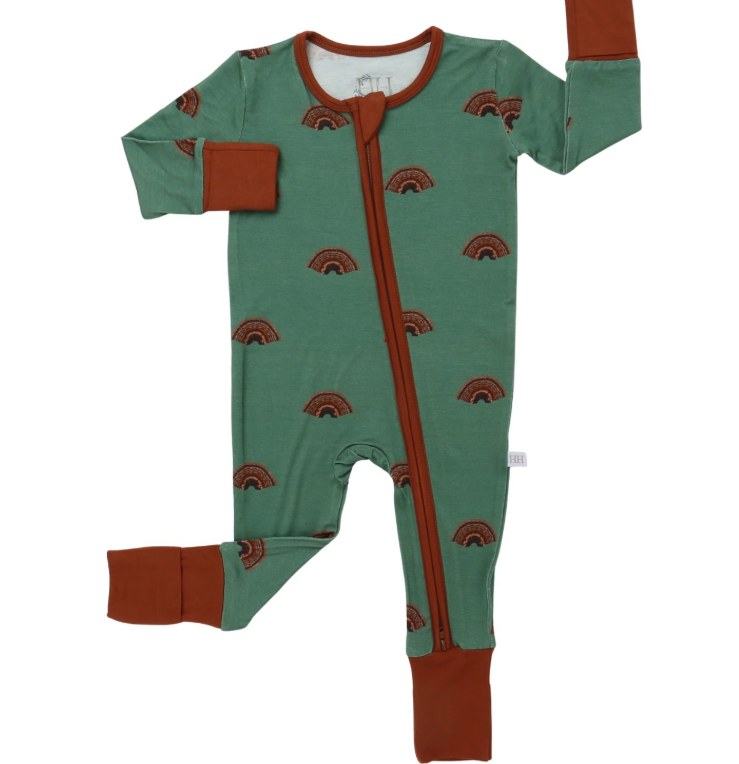 A baby's long-sleeve footless zip-up sleeper in sage green with brown rainbow patterns and solid brown trim on the collar, cuffs, and pockets, shown flat on a white background.