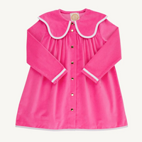 Bright pink long-sleeve dress with a large white-trimmed Peter Pan collar and front button closure, shown flat against a light off-white background.