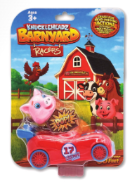 A packaged toy car on a colorful blister card. The card shows the Khuckleheadz Barnyard Racers branding and cartoon farm animals including a pink pig and a red dog behind a red race car with blue wheels.