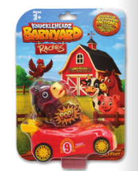 Knicklewadez Barnyard Racers carded action figure of a purple bird in a red race car, packaged on a cardboard backing with a red barn illustration.