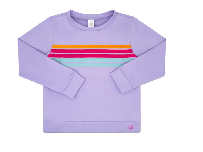 A children's long-sleeve sweatshirt in light purple, featuring horizontal stripes across the chest in orange, yellow, pink, red, and mint green. The sweatshirt is laid flat on a solid gray background.