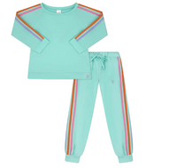 A two-piece kids' lounge set in mint green, featuring a long-sleeve top with orange, pink, purple, and blue stripes on the shoulders and sleeves, paired with matching jogger pants that have vertical rainbow stripes down the sides.
