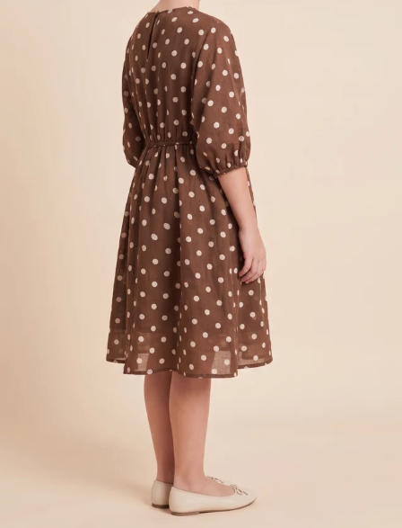 Girls Smocked Neckline Polka Dot Dolman Dress Brown