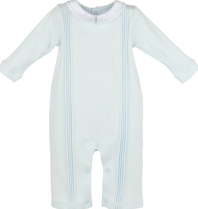 A baby long-sleeve romper in pale icy blue with light blue vertical stripe details down the front, a white lace-trimmed collar, and snap closures at the crotch.