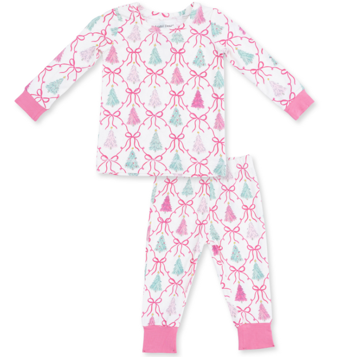 A two-piece long-sleeve pajama set featuring a white base with a repeating pattern of pink bows and light green pine trees, finished with solid pink ribbed cuffs and ankles.