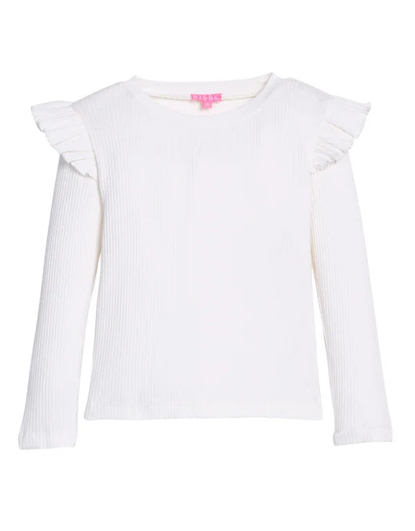 A white ribbed long-sleeve top with ruffled shoulder details, shown flat against a white background.