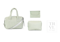 A light green and white striped fabric bag set by TRVL design, featuring a main handbag with dual top handles and a shoulder strap, a small zip pouch, and a larger rectangular pouch, all on a white background.