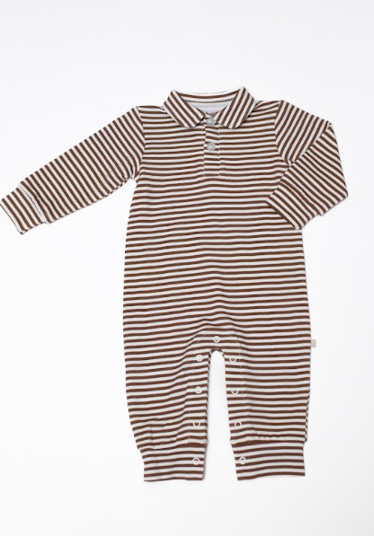 A baby long-sleeve romper with horizontal brown and white stripes, featuring a buttoned collar and snap closures at the crotch, laid flat on a white background.