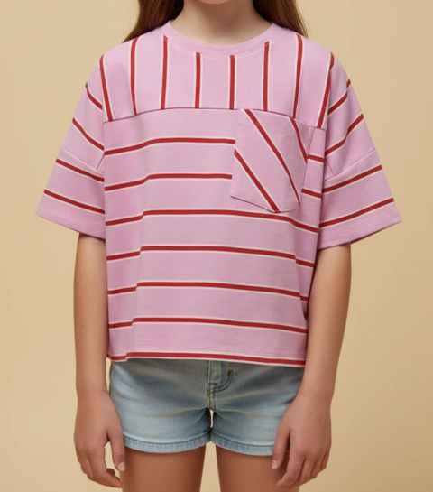 A child wearing a pink short-sleeve top with red horizontal stripes and a diagonal striped chest pocket, paired with light blue denim shorts, against a solid beige background.