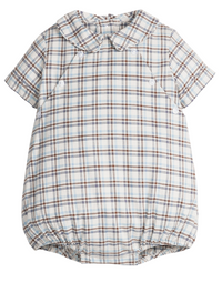 A short-sleeve baby romper in a light blue, brown, and white plaid pattern, featuring a wide collar and snap closures.