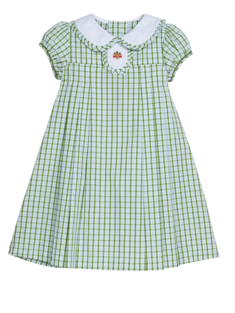 A toddler girl's dress featuring a green and white gingham check pattern, a white Peter Pan collar, short ruffled sleeves, and a smocked bodice with a small embroidered floral accent at the center chest.