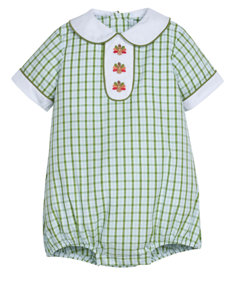 A baby short-sleeve romper in a green and white gingham check pattern, featuring a white Peter Pan collar, white cuffs, and three embroidered red and green floral motifs on the white bib panel at the center chest.