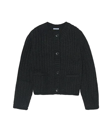 A black textured knit cardigan sweater with a button-up front and front pockets, displayed flat against a light gray background.