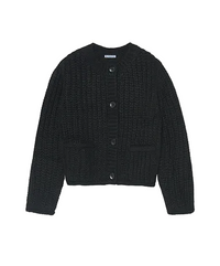 A black textured knit cardigan sweater with a button-up front and front pockets, displayed flat against a light gray background.