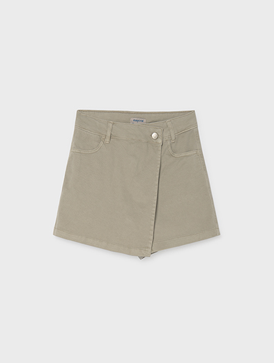 A light khaki wrap mini skirt with a button closure and front pockets, shown flat on a light gray background.