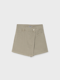 A light khaki wrap mini skirt with a button closure and front pockets, shown flat on a light gray background.
