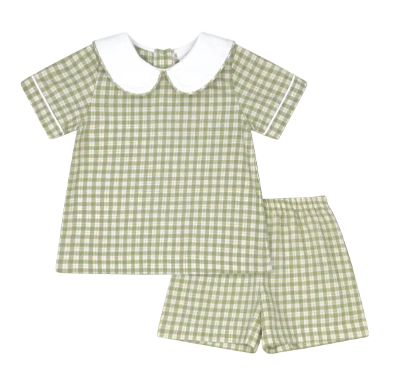 A two-piece children's outfit set featuring a short-sleeve top and shorts in a light green and white gingham check pattern, with a contrasting solid white Peter Pan collar on the top, displayed against a solid gray background.
