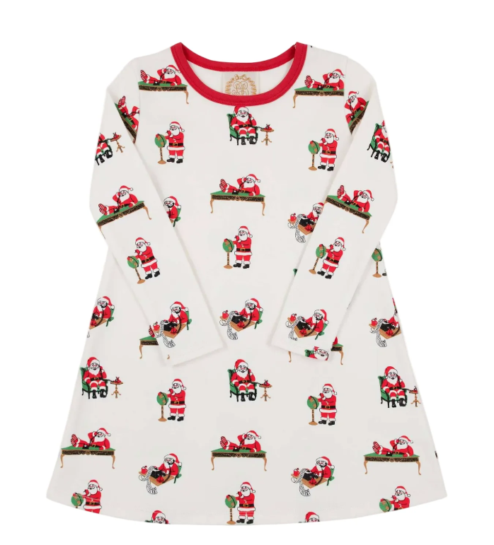 An off-white long-sleeve nightgown featuring an all-over Christmas print of Santa Claus in various holiday poses, with a contrasting red crew neck.